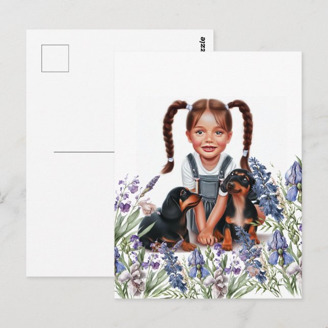 Postal Niña pequeña con cachorros de Dachshund (Anverso / Reverso)