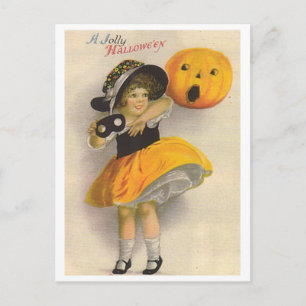 Postal Niña pequeña con calabaza y máscara