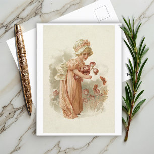 Postal Niña pequeña con flores rosas y mariposas