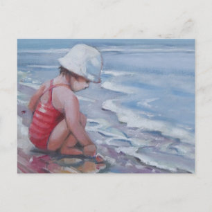 Postal Niña pequeña con gorra blanco en la playa