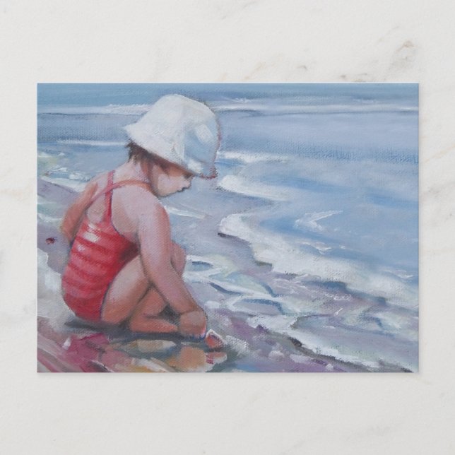 Postal Niña pequeña con gorra blanco en la playa (Anverso)