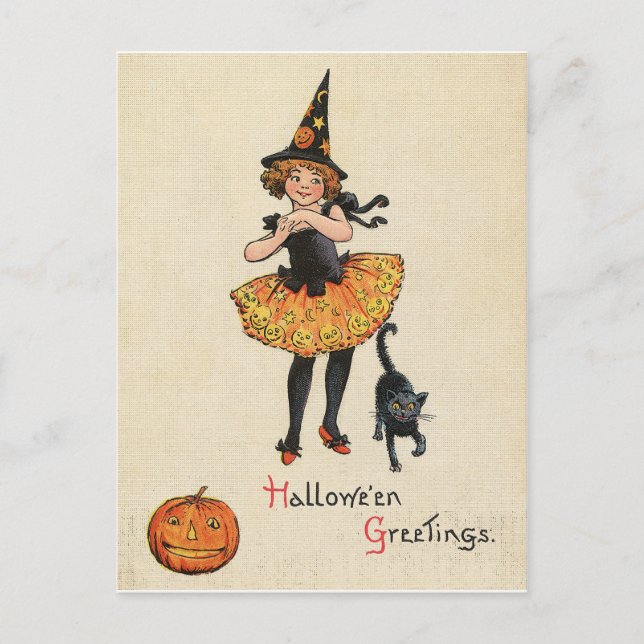 Postal Niña pequeña con traje de bruja de Halloween, gato (Anverso)