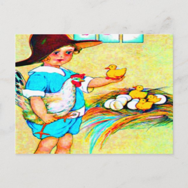 Postal Niña pequeña en un gorra con chicas para incubar, (Anverso)