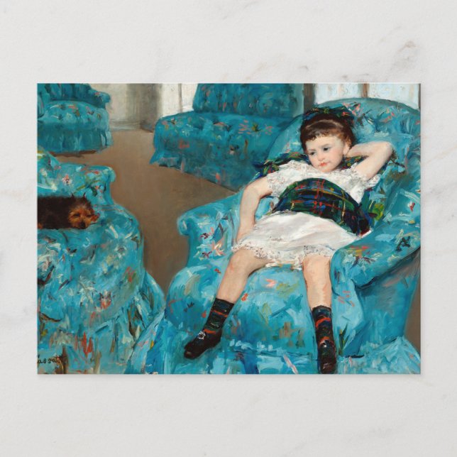 Postal Niña pequeña en un sillón azul por Mary Cassatt (Anverso)