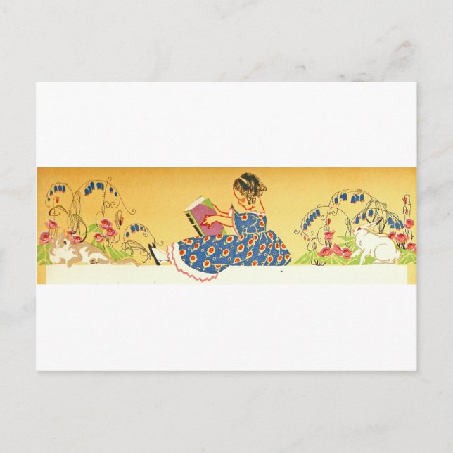 Postal Niña pequeña leyendo con conejitos (Anverso)