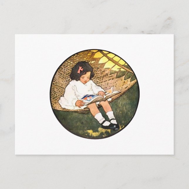 Postal Niña pequeña leyendo en una hamaca (Anverso)