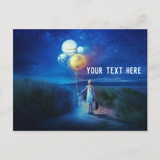 Postal Niña pequeña sosteniendo globos planetarios (Anverso)