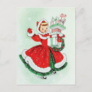 Postal Niña pequeña vestida de rojo con regalos de Navida