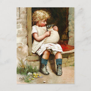 Postal Niña pequeña y cachorro enfermo