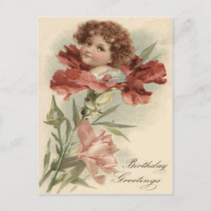 Postal Niña Pequeña y Linda Flor de Petunia Roja