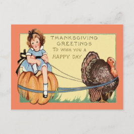 Postal Niña Pequeña y Linda Montada en un Pavo de Calabaz