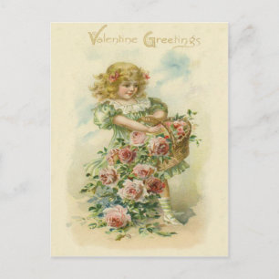 Postal Niña Pequeña y Linda Rosas Rosadas