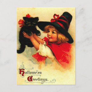 Postal Niña Pequeña Y Su Gato Negro