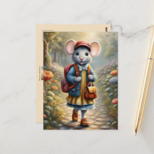 Postal Niña ratón adorable camino a la escuela, personali