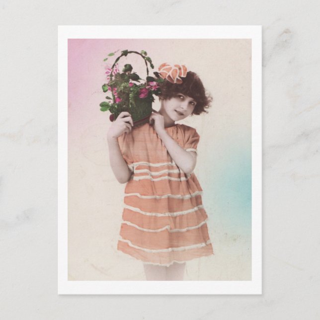 Postal Niña Retro Con Vestido Naranja (Anverso)