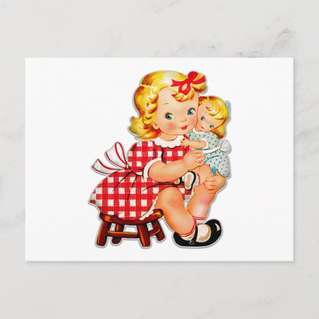 Postal Niña retro muñeca vintage niña (Anverso)