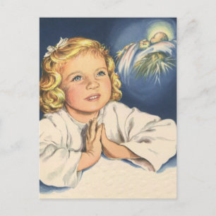 Postal Niña rezando a Jesucristo, oraciones a la hora de 