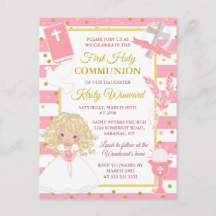 Postal Niña rubia con raya rosa primera comunión