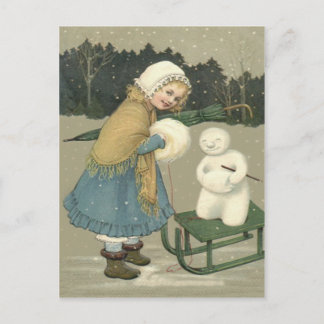 Postal Niña sonriente Trineo de muñeco de nieve Bosque de