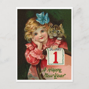 Postal Niña te deseo un Feliz Año Nuevo, vintage