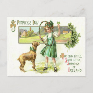 Postal Niña Trébol de Cuatro Hojas Perro Aro