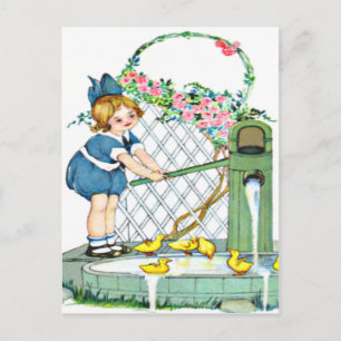 Postal Niña vintage, pollitos amarillos, patos