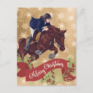 Postal Niña y caballo saltando Feliz Navidad Dorado