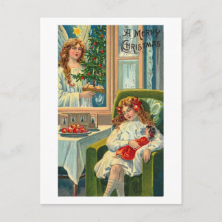 Postal Niña y muñeca, ángel en la ventana