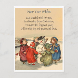 Postal Niñas alrededor del muñeco de nieve en Año Nuevo,
