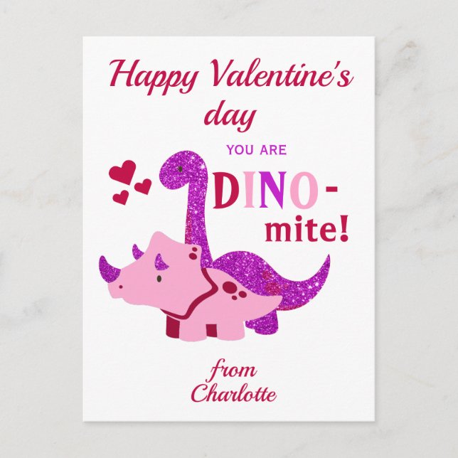 Postal Niñas Día de San Valentín Girly Dinosaur Dino-mite (Anverso)