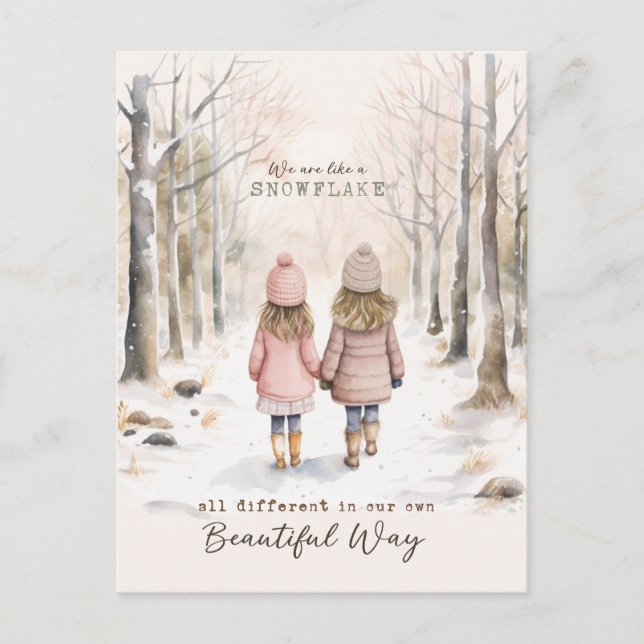 Postal Niñas Pequeñas Inspiradoras Nieve Bosque Invierno (Anverso)