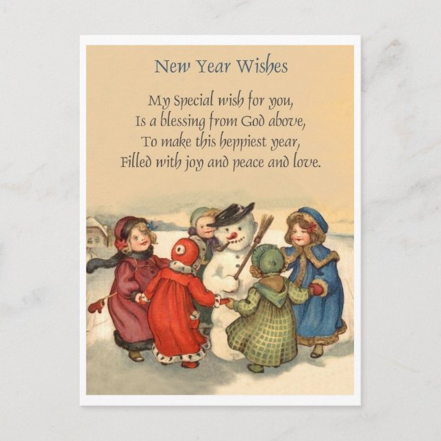Postal Niñas pequeñas rodeando a un muñeco de nieve en Añ (Anverso)