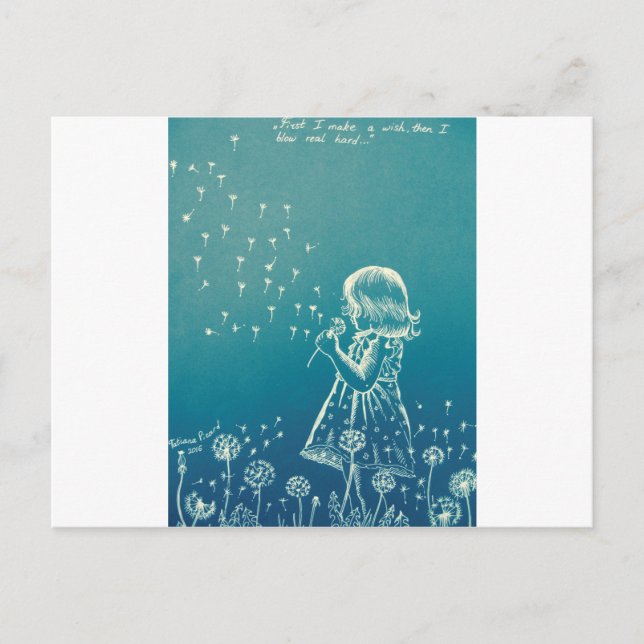 Postal Niñita soplando sobre un diente de león (Anverso)