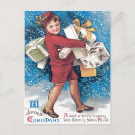 Postal Niño Adorable Llevando Regalos Acebo Nieve