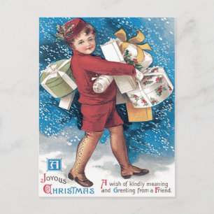 Postal Niño Adorable Llevando Regalos Acebo Nieve