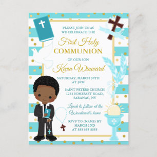 Postal Niño Afroamericano Azul Primera Comunión