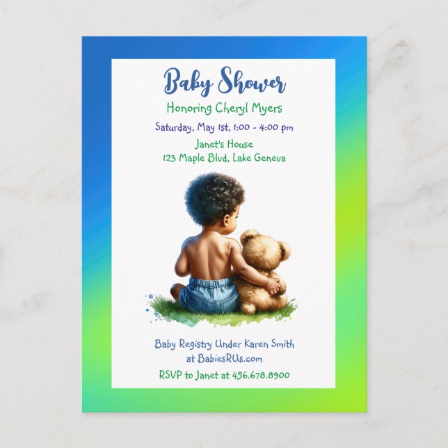 Postal Niño afroamericano con Teddy Baby Shower (Anverso)