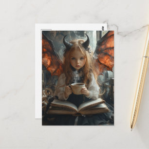 Postal Niño Ángel Oscuro Con Café y un Libro