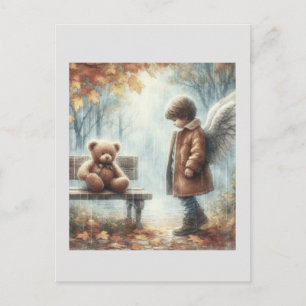 Postal Niño angelical con oso de peluche