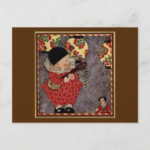 Postal Niño Antiguo Arlequín, Músico Tocando Banjo