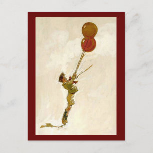 Postal Niño Antiguo con Globos Rojos en una Fiesta de Cum