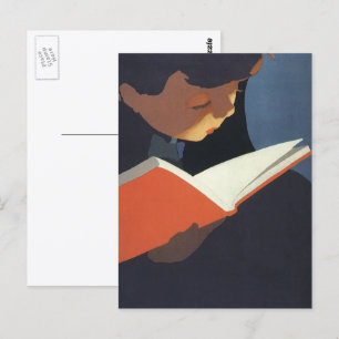 Postal Niño Antiguo Leyendo un Libro de la Biblioteca