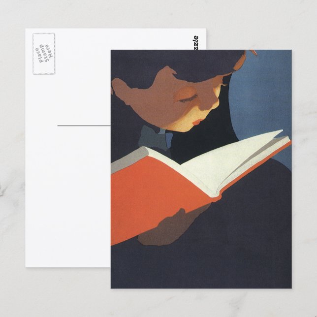 Postal Niño Antiguo Leyendo un Libro de la Biblioteca (Anverso / Reverso)