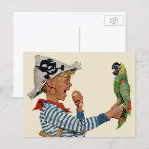 Postal Niño Antiguo, Niño Jugando con un Loro Pirata