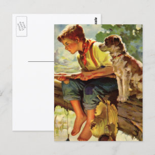 Postal Niño Antiguo, Niño Pescando con su Perro Mascota M