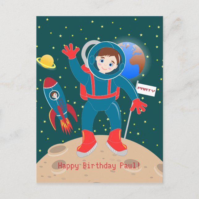 Postal Niño astronauta en la fiesta de cumpleaños de la l (Anverso)