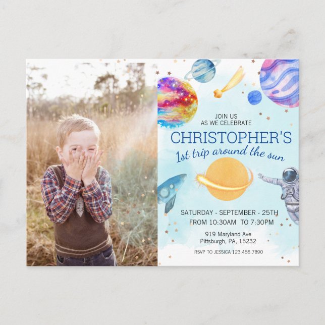 Postal Niño azul Astronauta Fiesta de cumpleaños espacial (Anverso)