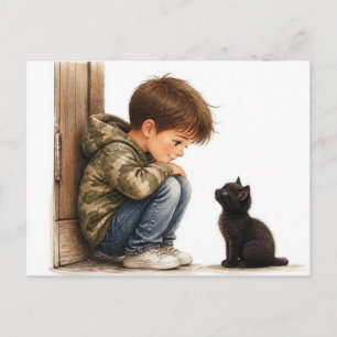 Postal Niño Bonito y Gatito Negro Pequeño