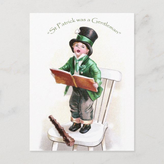 Postal Niño cantando canción irlandesa vintage St Patrick (Anverso)