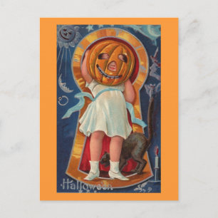 Postal Niño chica con cabeza de calabaza, cosecha de Hall